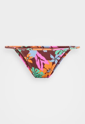 Brown floral bikini bottom featuring a ribbed texture with pink, green, and orange tropical patterns. High-cut design with narrow side straps.
