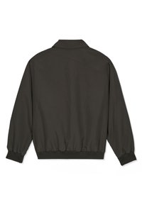 Veste vert olive foncé à manches longues, avec poignets et ourlet côtelés, et col pointu, vue de dos sur fond blanc.