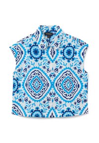 Blusa a maniche corte con un motivo floreale blu e bianco. Presenta un colletto e una chiusura con bottoni sul davanti. Realizzata in tessuto leggero.