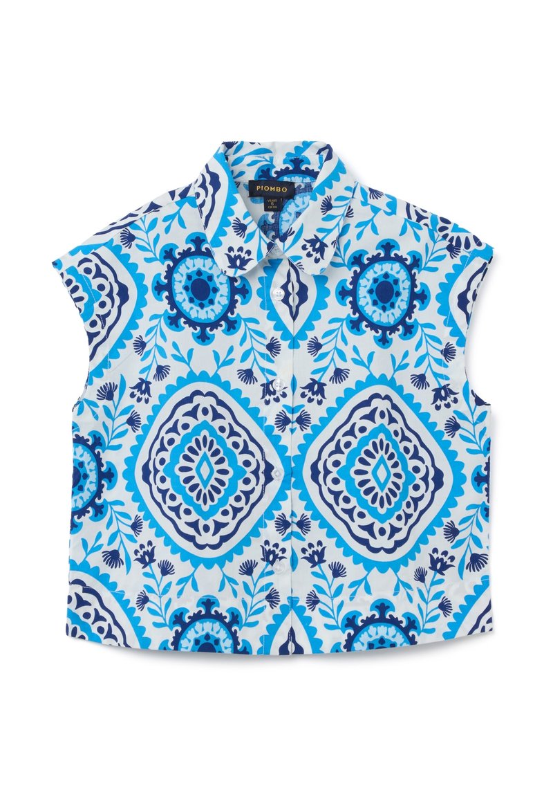 Blusa a maniche corte con un motivo floreale blu e bianco. Presenta un colletto e una chiusura con bottoni sul davanti. Realizzata in tessuto leggero.