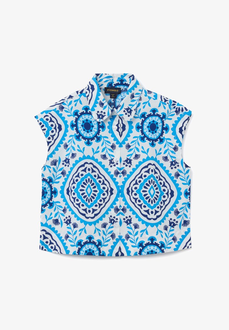 Blusa a maniche corte con un motivo floreale blu e bianco. Presenta un colletto e una chiusura con bottoni sul davanti. Realizzata in tessuto leggero.