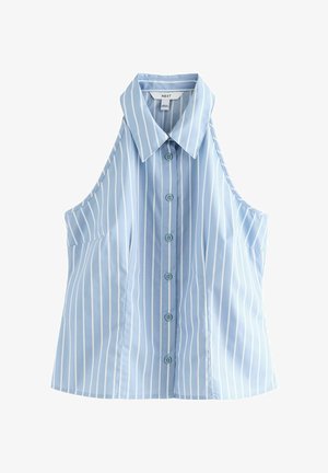 Kreklu bez piedurknēm, gaismas zila krāsā ar baltām vertikālām svītrām, ar apkakli un pogām priekšpusē, kas ir izgatavotas no atbilstošas zilās krāsas, kā arī ar sānu kabatām.