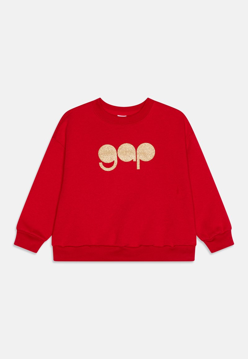 Felpa rossa con maniche lunghe, polsini e orlo a costine. Presenta un logo "gap" dorato e luccicante sulla parte anteriore in un font arrotondato.