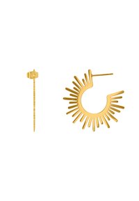 Boucles d'oreilles en or en forme d'anneau, présentant un design circulaire avec des pointes allongées rayonnant vers l'extérieur, créant un effet de soleil texturé.