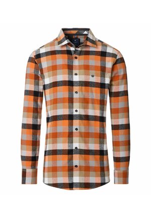 Langärmliges Karoshirt in Orangetönen, Grau, Schwarz und Weiß. Baumwollstoff mit durchgehender Knopfleiste und kleinem Logo auf der Brusttasche.