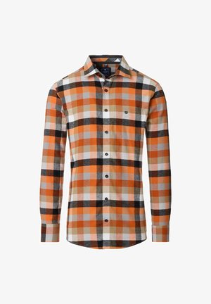 Koszula w kraciasta z długim rękawem w odcieniach pomarańczowego, szarego, czarnego i białego. Bawełnowy materiał z zapięciem na guziki z małym logo na kieszeni piersiowej.