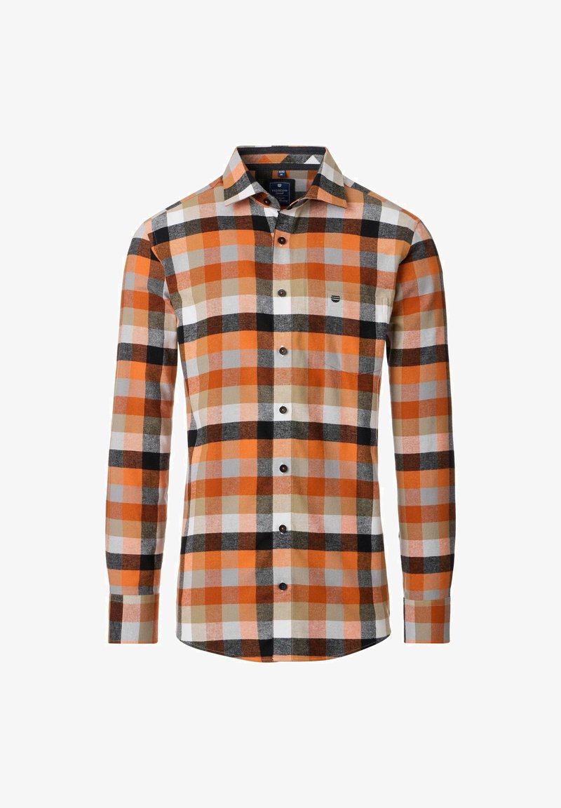 Langarm geruit overhemd in tinten van oranje, grijs, zwart en wit. Katoenen stof met een knoopsluiting aan de voorkant en een klein logo op de borstzak.