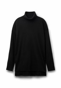 Schwarzer Rollkragenpullover aus weichem Strickmaterial, mit lockerer Passform, geripptem Kragen und langen Ärmeln mit gerippten Bündchen.
