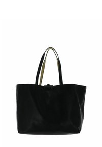 Sac cabas en cuir noir avec de longues poignées. Design simple, forme rectangulaire, texture lisse et intérieur vert contrastant. Fermeture en haut.