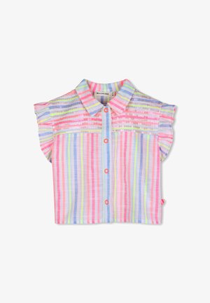 Chemise à manches courtes avec col, en tissu rayé multicolore, ornée d'accents pailletés sur la poitrine et de boutons ronds orange.