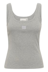 Gray ribbed tank top with wide straps and a scoop neckline. Features a small white logo embroidered at the center. Soft fabric texture.
