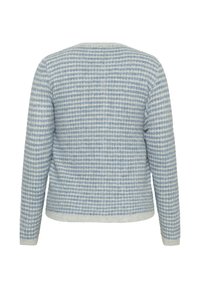 Light blue knitted sweater with a textured pattern of alternating dots and stripes, featuring long sleeves and a rounded neckline.