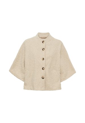 Beige kortærmet uldtjakke med ståkrave og fem store brune knapper foran.