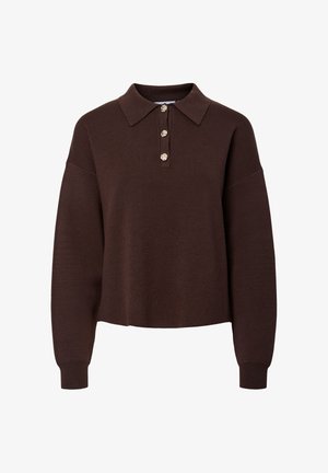 Temno rjav dolg rokav pulover iz pletenine s stoječim ovratnikom in tremi dekorativnimi zlatimi gumbi na sprednji pritrdilni trak.