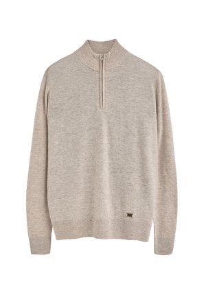 Maglione beige, maglia morbida, frontale con zip a quarto, colletto e polsini a costine, texture leggera, piccolo logo sul fondo.