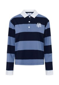 Pitkähihaisen polo paidan sinivalkoiset vaaleat ja tummansiniset raidat, valkoinen kaulus ja napit. Vasemmassa rinnassa logo.