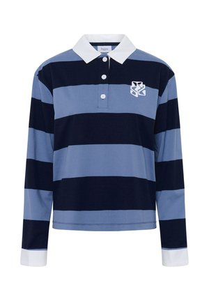 Långärmad polo i växlande blå och marinrandigt mönster, med vit krage och knappar. Har en logotyp på vänster bröst.