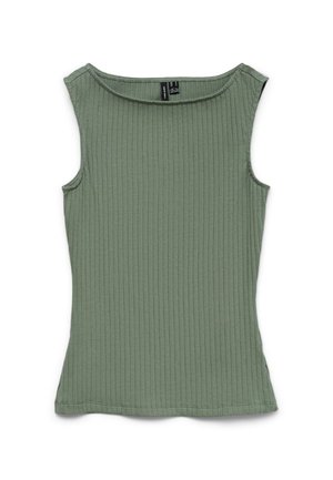 Top de punto acanalado sin mangas en verde apagado con un escote redondo amplio, silueta ajustada y sisas pequeñas.