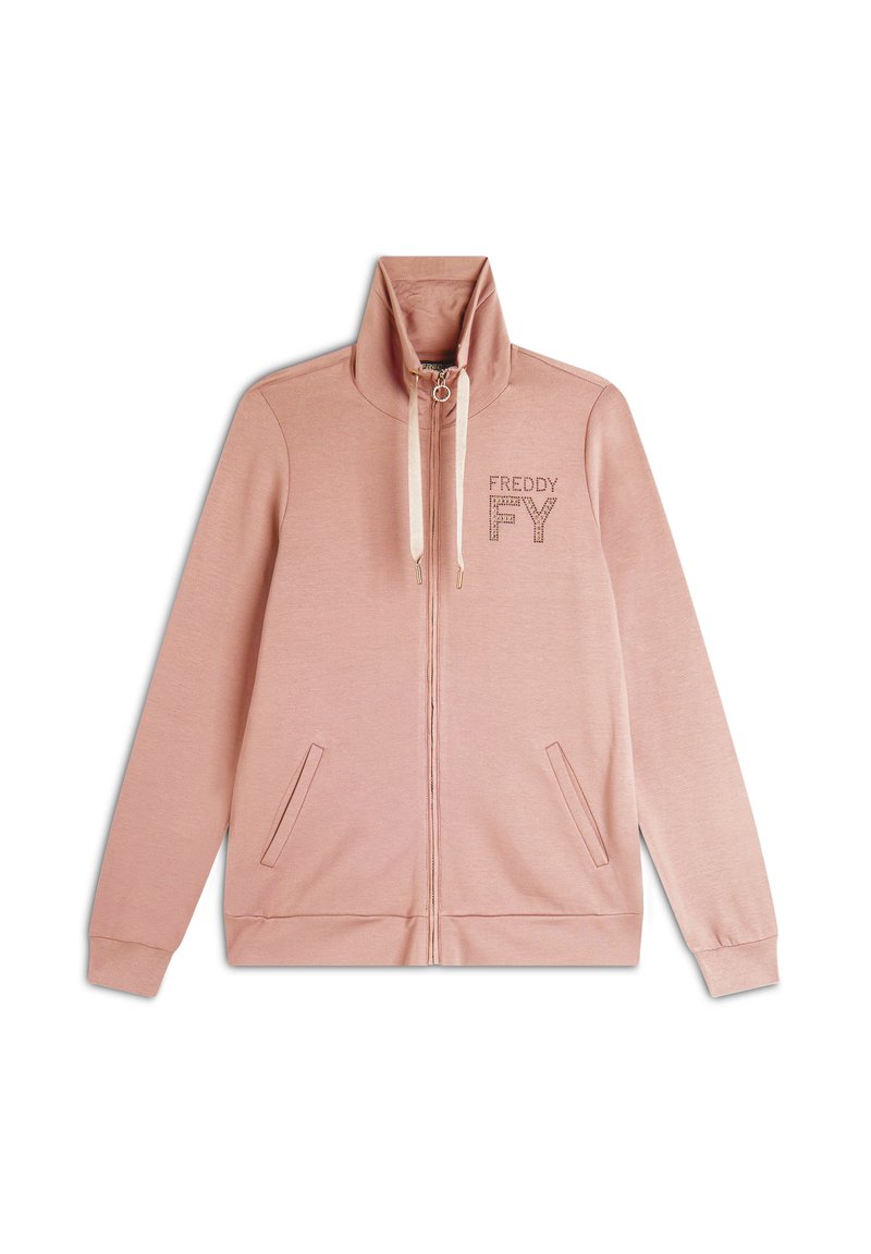 Giacca rosa con zip e colletto alto, caratterizzata da due tasche laterali, un piccolo logo sul petto e dettagli con cordoncino. Tessuto morbido.