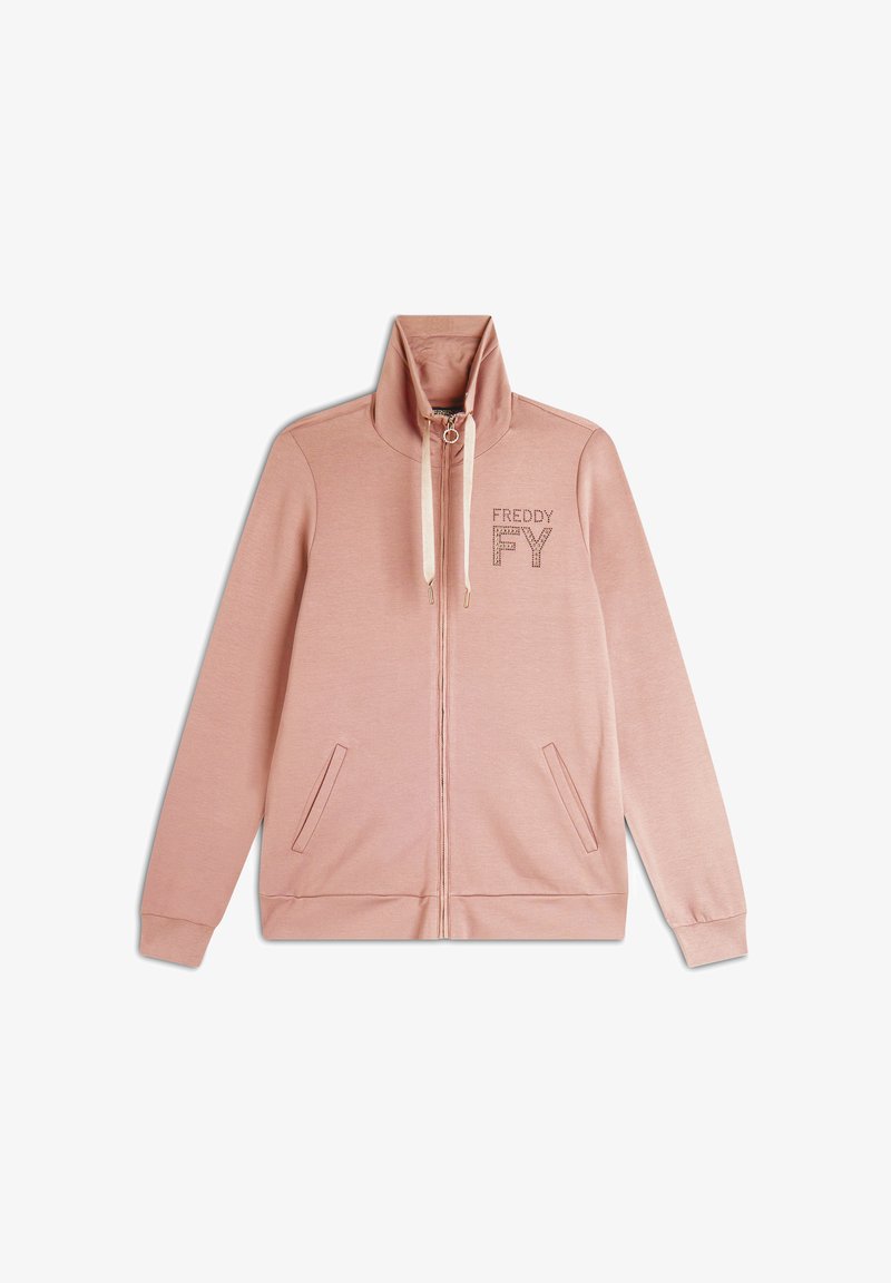 Giacca rosa con zip e colletto alto, caratterizzata da due tasche laterali, un piccolo logo sul petto e dettagli con cordoncino. Tessuto morbido.