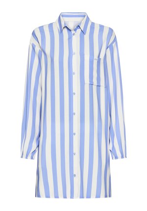 Overhemd met lange mouwen met verticale lichtblauwe en witte strepen, elastische manchetten, puntige kraag, en een borstzak aan de linkerkant.
