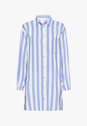 Camicia a maniche lunghe con bottoni, a righe verticali azzurre e bianche, polsini elasticizzati, colletto a punta e taschino sul lato sinistro del petto.