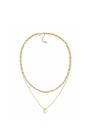 Goldfarbene Halskette mit zwei geschichteten Ketten: eine mit strukturierten Gliedern und eine glatte Kette mit einem runden Anhänger. Verstellbarer Verschluss.