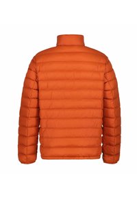 Oranssi puhvitakki, jossa on korkea kaulus, ja jossa on tikattu malli sekä joustavat hihansuut tiivistä istuvuutta varten. Sujuva pinta ja kevyet materiaalit.