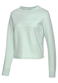 Mintgroene sweatshirt met lange mouwen en een ronde halslijn, voorzien van twee horizontale witte strepen over de borst. Zacht katoenen stof.