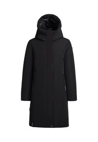 Parka étanche noire avec un col montant et une capuche réglable, dotée de deux poches latérales zippées et d'une texture lisse et élégante.