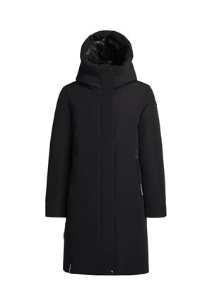 Musta vedenpitävä parka, jossa on korkea kaulus ja säädettävä huppu. Takissa on kaksi sivu-zip-taskua ja tyylikäs, sileä rakenne.