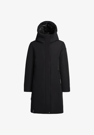 Parka impermeable negra con un alto cuello y capucha ajustable, que cuenta con dos bolsillos laterales con cremallera y una textura lisa y elegante.