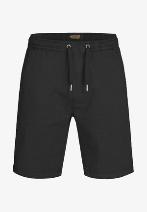 Schwarze Shorts aus leichtem Stoff, mit einem elastischen Bund und Kordelzug, seitlichen Taschen und geradem Schnitt.