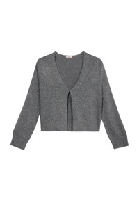 Cardigan grigio lavorato a maglia con scollatura a V, design corto e maniche lunghe. Presenta una chiusura frontale con nodo e polsini e orlo a coste.