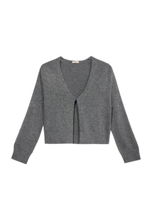 Cardigan gris de punto con escote en V, diseño corto y mangas largas. Presenta un cierre frontal con lazo y puños y dobladillo acanalados.