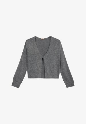 Cardigan gris de punto con escote en V, diseño corto y mangas largas. Presenta un cierre frontal con lazo y puños y dobladillo acanalados.