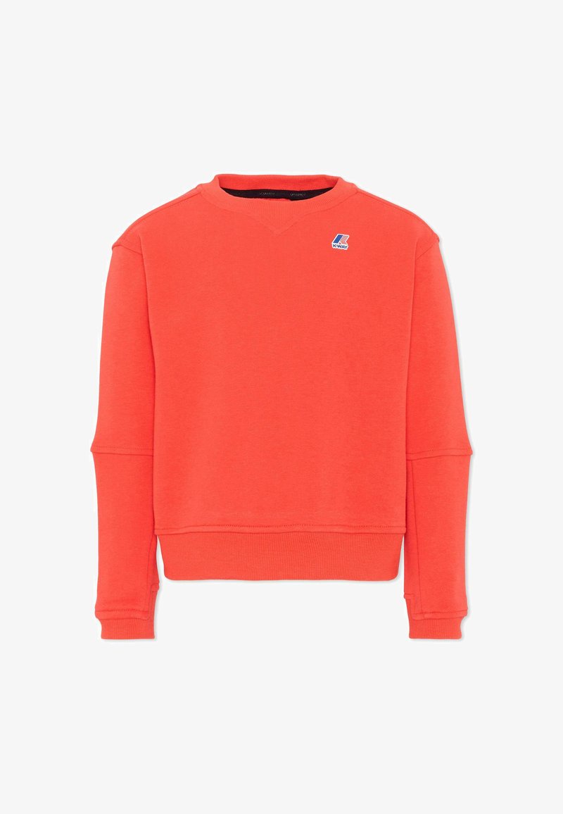 Sudadera roja brillante de manga larga con cuello redondo, puños y bajo acanalados, con un pequeño logo de K-Way en la parte superior izquierda del pecho.
