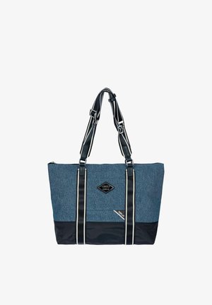 Borsa a tracolla blu e nera con due manici a righe bianche e nere e toppe con logo frontali, una a forma di diamante e una rettangolare.