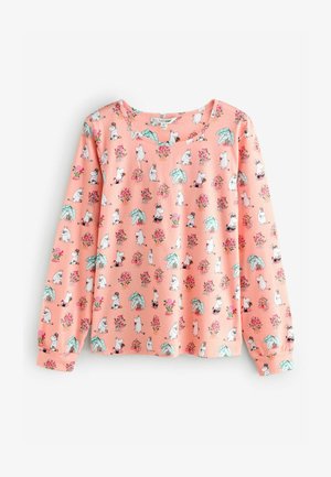 Ilga rankovė bluzo koralinei rožinėje spalvoje su kartojančiuosius piešinių motyvais, vaizduojančiais animacinius personažus ir gėles. Pagaminta iš minkštos medžiagos, laisvo silueto.