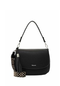 Czarna skórzana torba na ramię o teksturowanym wykończeniu, z odpinanym, wzorzystym paskiem i akcentem w postaci frędzla. Szczegóły w kolorze srebrnym.