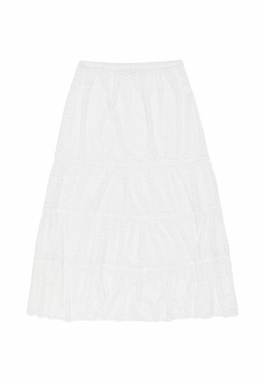 Valkoinen kerroksellinen hame, joka on valmistettu teksturoidusta kankaasta. Hameessa on joustava vyötärö ja kolme vaakasuoraa frilla, joilla on pehmeä ja kevyt ulkonäkö.