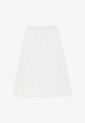 Witte gelaagde rok van textuurstof. Het heeft een elastische tailleband en drie horizontale ruches met een zachte, lichte uitstraling.