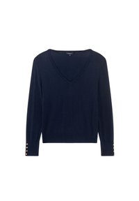 Marineblauer V-Ausschnitt-Pullover aus Strickstoff, mit langen Ärmeln und goldenen Knopfakzenten an den Manschetten. Klassische Passform mit geripptem Saum.
