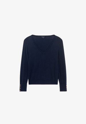 Navyblauwe v-hals trui van gebreide stof, met lange mouwen en gouden knoopaccenten op de manchetten. Klassieke snit met geribbelde zoom.
