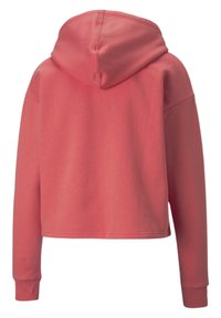Hoodie accorciato in corallo chiaro, con cappuccio regolabile, maniche lunghe, polsini a coste e una texture morbida. Senza tasche frontali o motivi dettagliati.