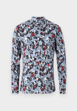 Long-sleeve button-up shirt in light blue with a floral pattern in red, black, and white. Features a collar and front button closure.