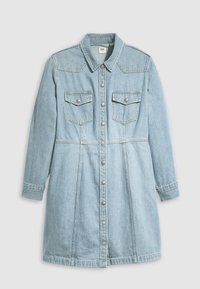 Ανοιχτό μπλε denim φόρεμα με γιακά, κουμπιά μπροστά και δύο τσέπες στο στήθος. Διαθέτει μακριά μανίκια και σχέδιο που τονίζει τη μέση.