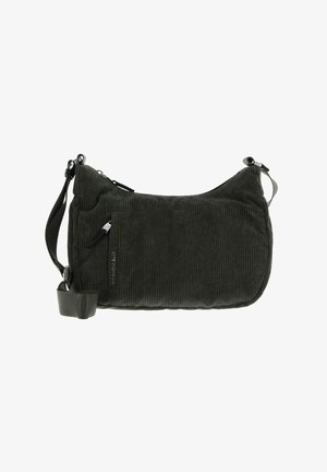 Sac à épaule en velours côtelé vert foncé avec bandoulière réglable, fermeture éclair et petite poche avant zippée avec étiquette de logo.