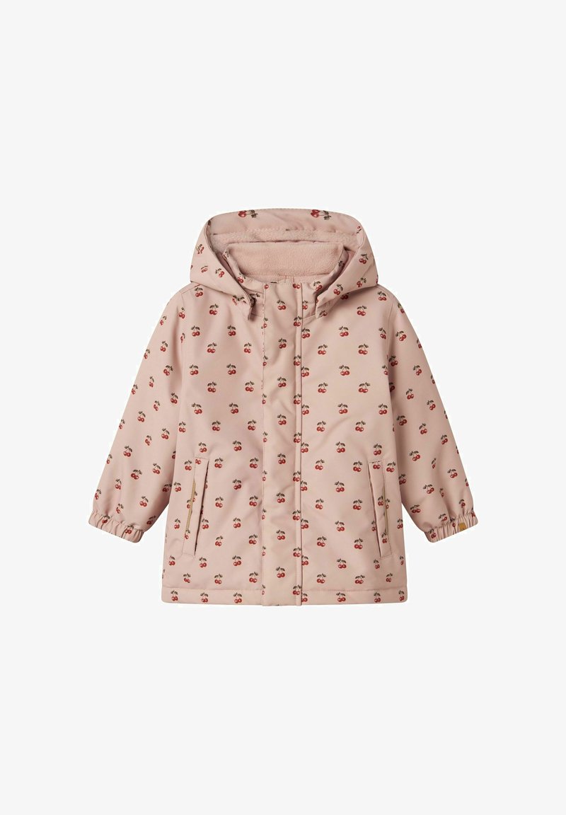 Rosa wasserdichte Jacke mit einem Kirschmuster, ausgestattet mit einer fellgefütterten Kapuze, elastischen Bündchen und Fronttaschen. Glatte Textur und lässige Passform.