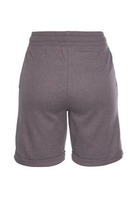 Pantaloni corti grigi in cotone con vita elastica, con orlo arrotolato e una texture liscia. Nessuna tasca o accento distintivo visibile.